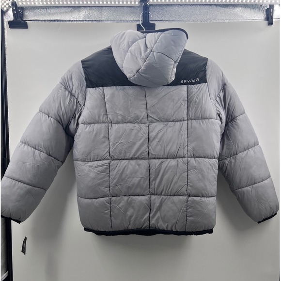Spyder Puffer Jacket Hooded Full Zip Mens XL Gray Black Sherpa Lined - Picture 2 of 9